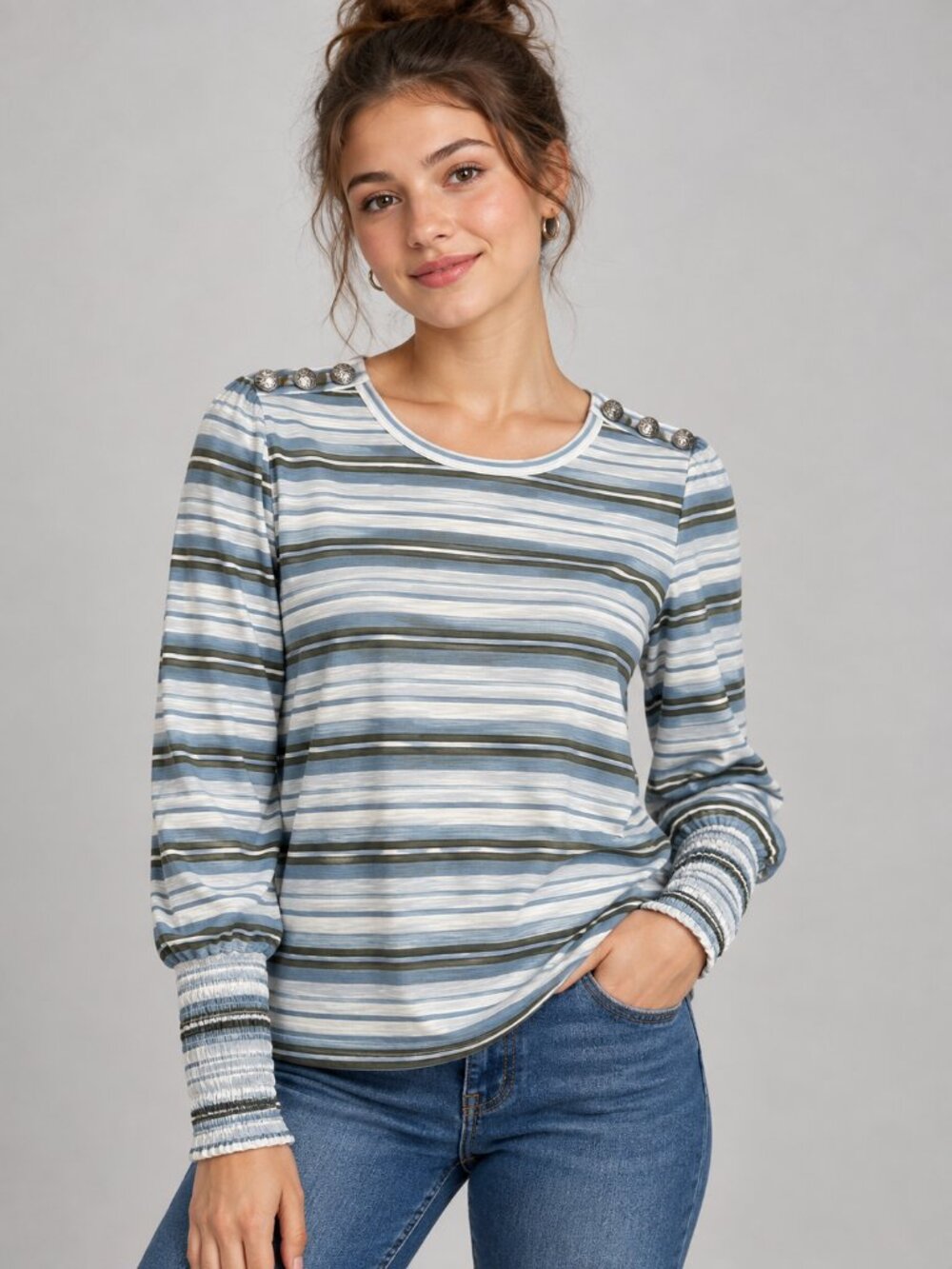 Veronica Beard Meg Smocked Cuff Top in Blue, Olive, Ivory Stripes, Size M